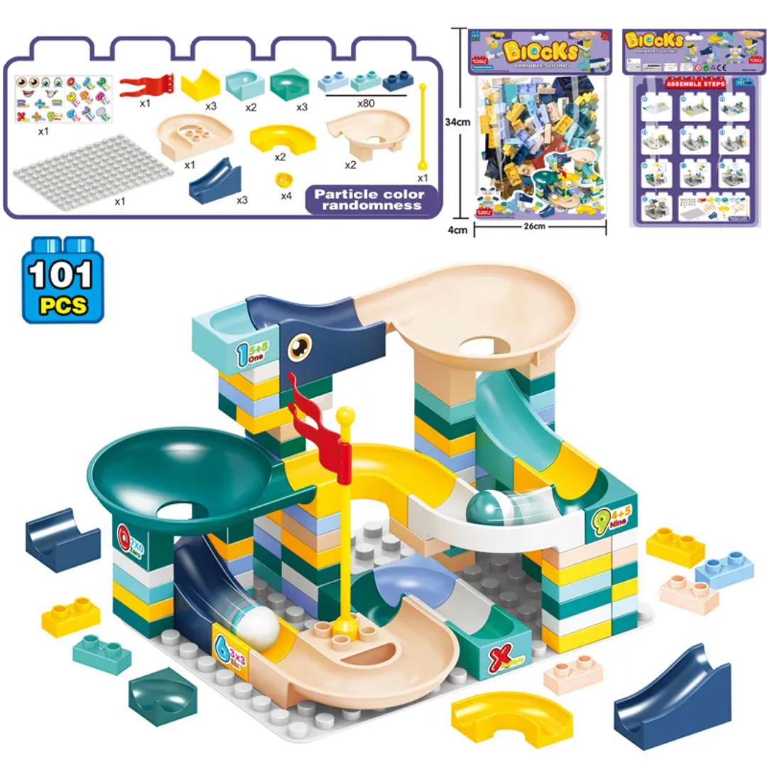 Blocks Sliding Ball Drop Builder - 100 Pieces Variable Block & Marble Run Set (Violet edition)