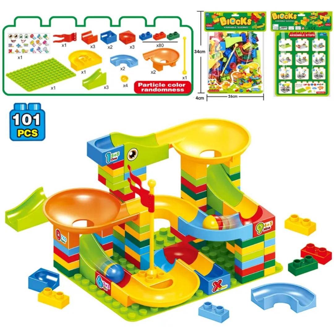 Blocks Sliding Ball Drop Builder - 100 Pieces Variable Block & Marble Run Set (Classic Brights)