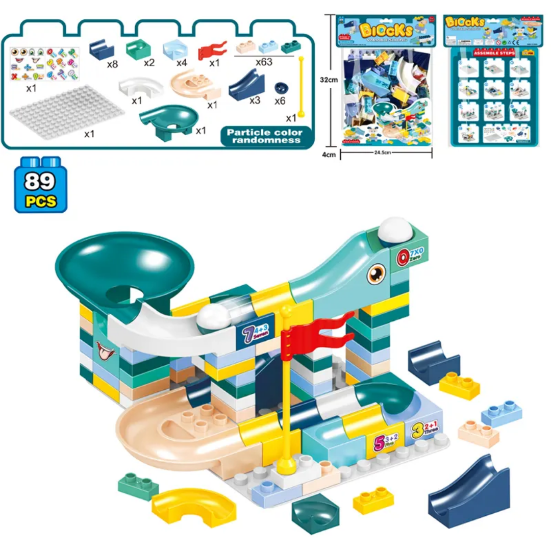 Blocks Sliding Ball Drop Builder - 88 Pieces Variable Block & Marble Run Set (Ocean Edition)