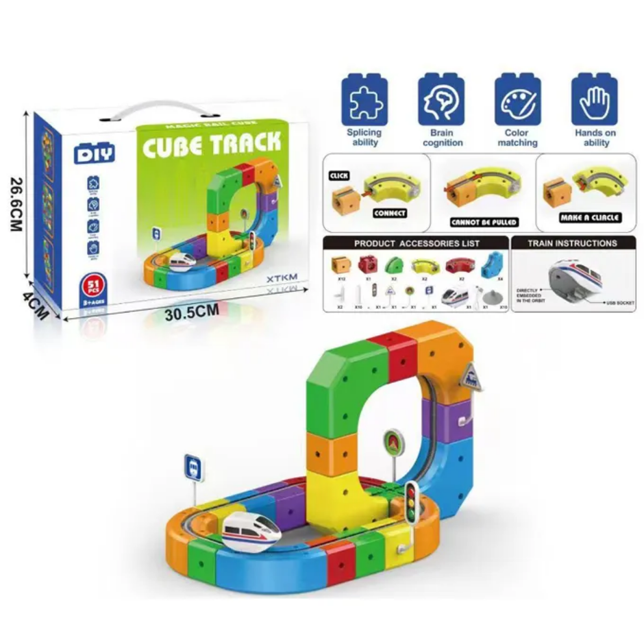 51-piece DIY magnetic cube railway track building set with train and station blocks for kids aged 3 and above