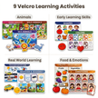 Toddler busy binder book with 9 velcro learning activities including animals, shapes, colours, emotions, transport, weather, fruits and vegetables, plus write and wipe activity sheets for alphabet tracing, numbers, patterns and maze games