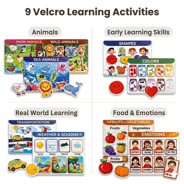 Toddler busy binder book with 9 velcro learning activities including animals, shapes, colours, emotions, transport, weather, fruits and vegetables, plus write and wipe activity sheets for alphabet tracing, numbers, patterns and maze games