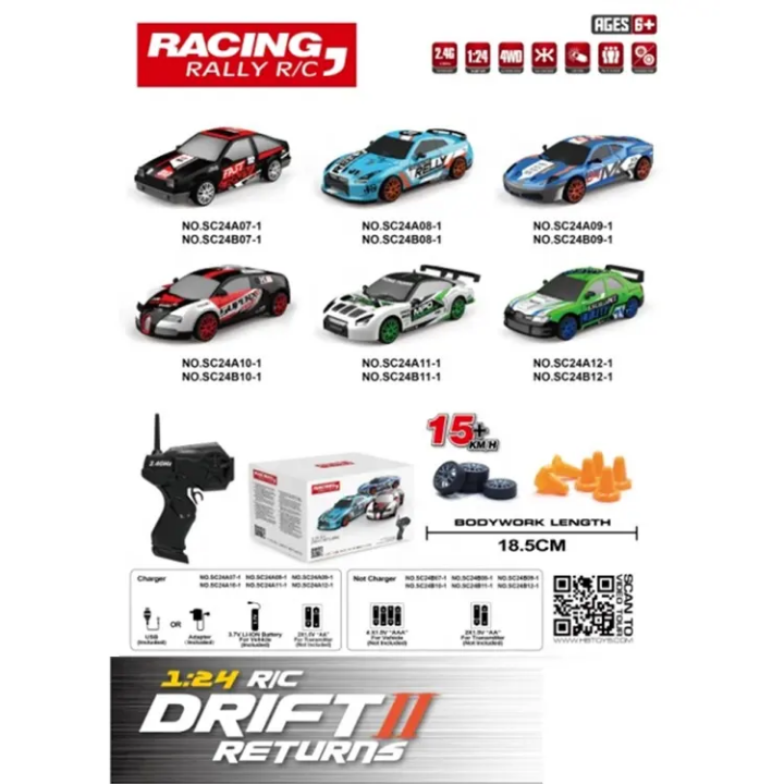 Rally Drift Returns - 1:24 Scale 4WD RC Drift Car with USB Charge & Drift Cones (18.5cm)