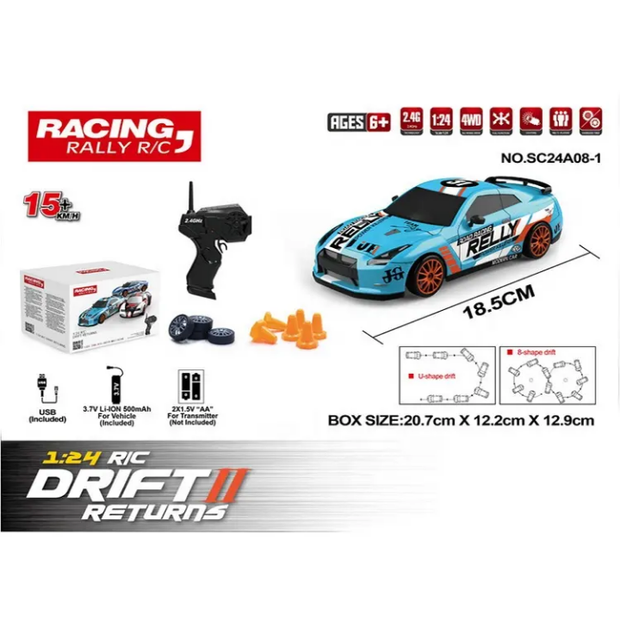 Rally Drift Returns - 1:24 Scale 4WD RC Drift Car with USB Charge & Drift Cones (18.5cm)