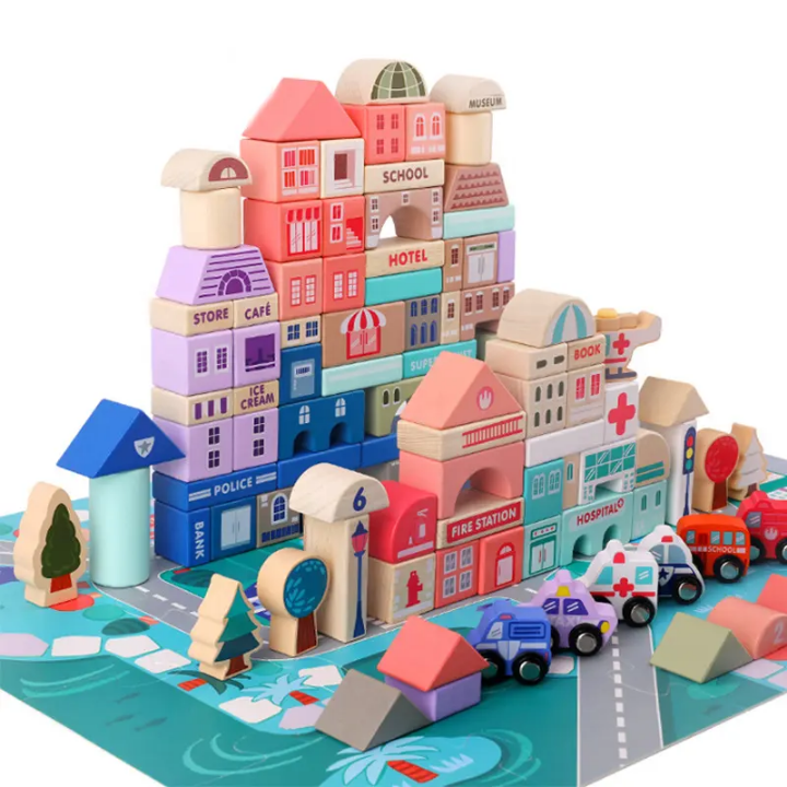 Magic Color Little City Builder - 115 Pieces Wooden Building Block Set with Vehicles, Figures & Play Mat