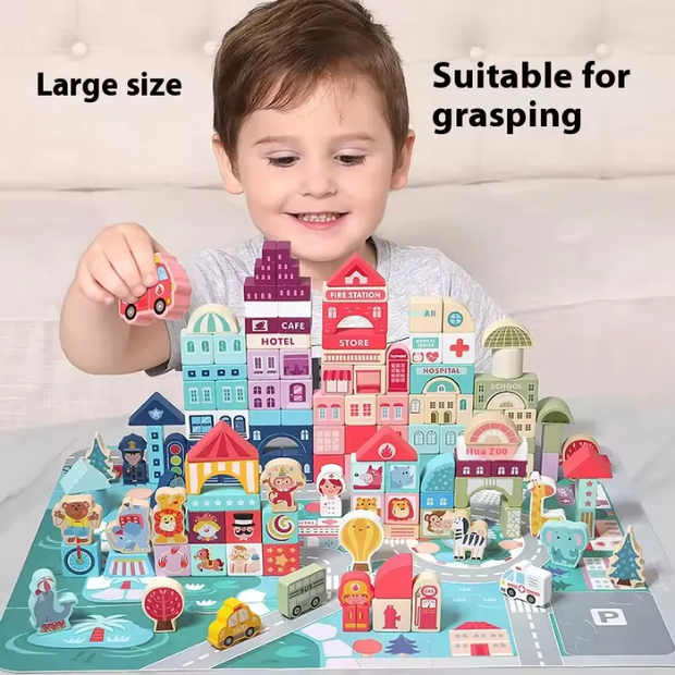 115-piece wooden city building block set with colourful blocks, vehicles, human figures and play mat for kids aged 3 and above