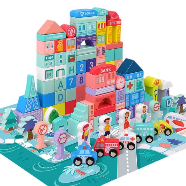 Magic Color Little City Builder - 115 Pieces Wooden Building Block Set with Vehicles, Figures & Play Mat
