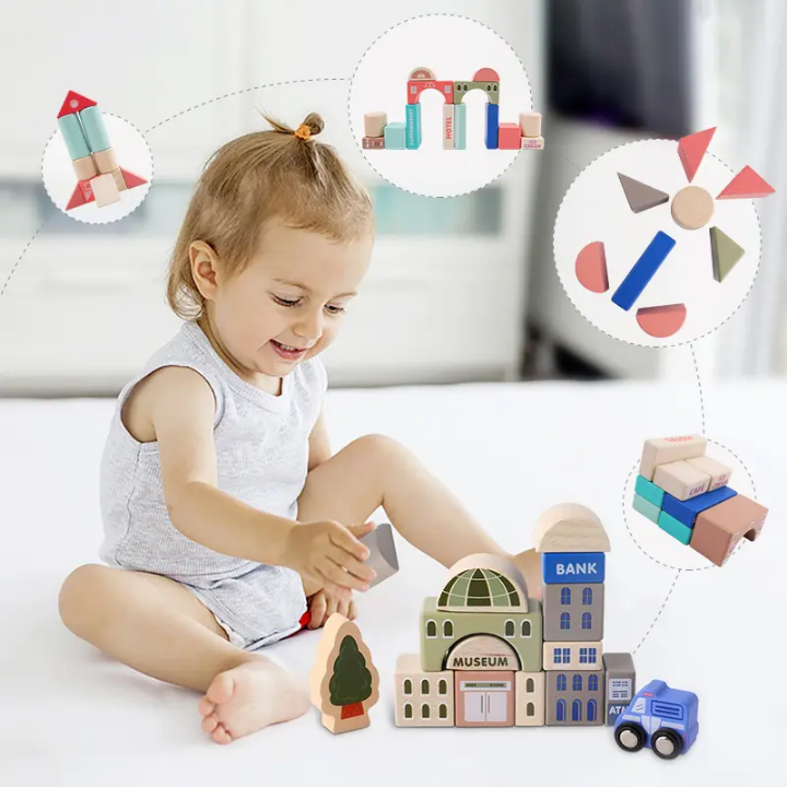 Magic Color Little City Builder - 115 Pieces Wooden Building Block Set with Vehicles, Figures & Play Mat