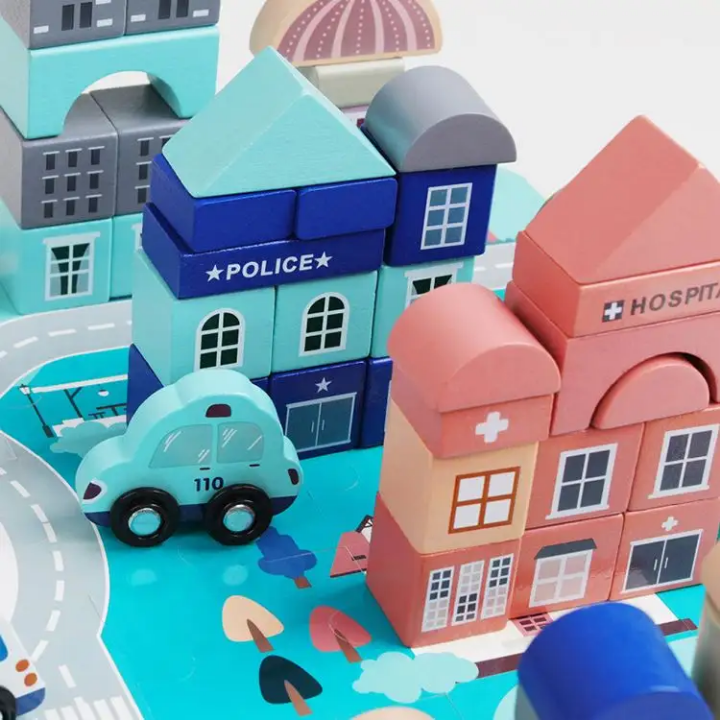 Magic Color Little City Builder - 115 Pieces Wooden Building Block Set with Vehicles, Figures & Play Mat