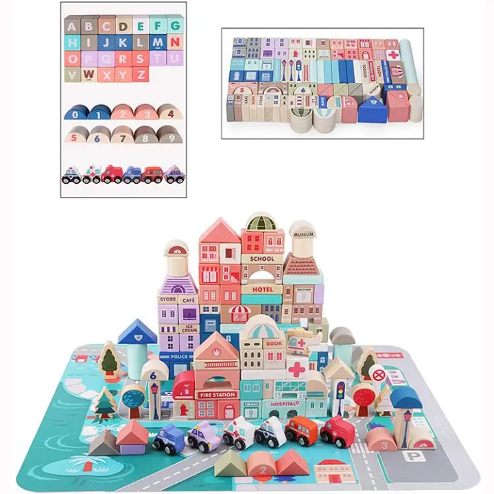 Magic Color Little City Builder - 115 Pieces Wooden Building Block Set with Vehicles, Figures & Play Mat