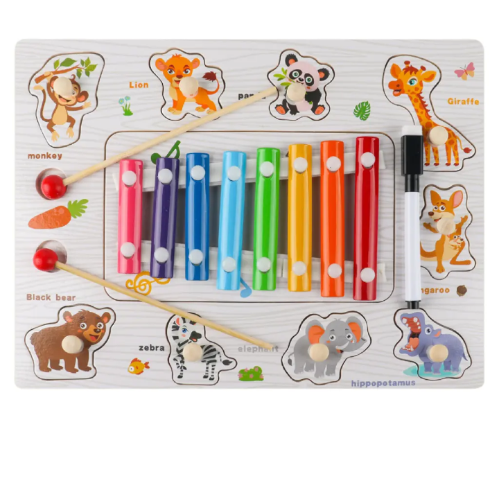 2 in 1 Xylophone & Animal Puzzle Board - Musical Learning Toy with Convertible Writing Pad