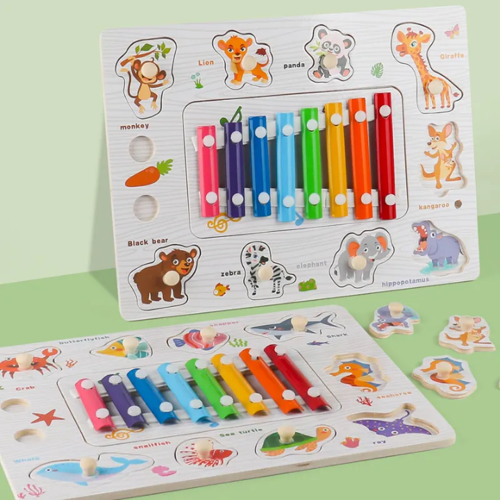 2 in 1 Xylophone & Animal Puzzle Board - Musical Learning Toy with Convertible Writing Pad