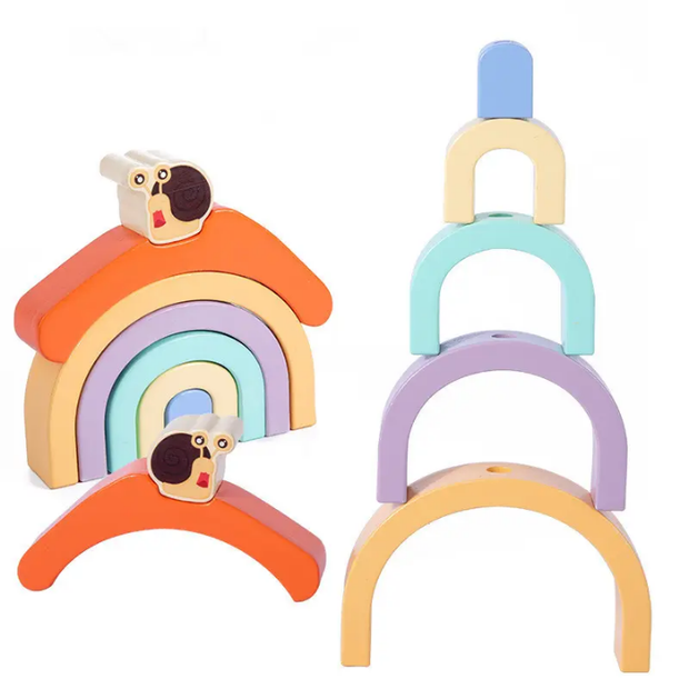 Snail Tractor Wooden Pull Along - Rainbow Stacking & Rolling Toddler Play Toy