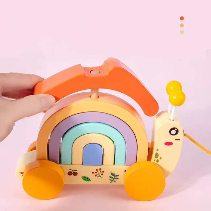 Snail Tractor Wooden Pull Along - Rainbow Stacking & Rolling Toddler Play Toy