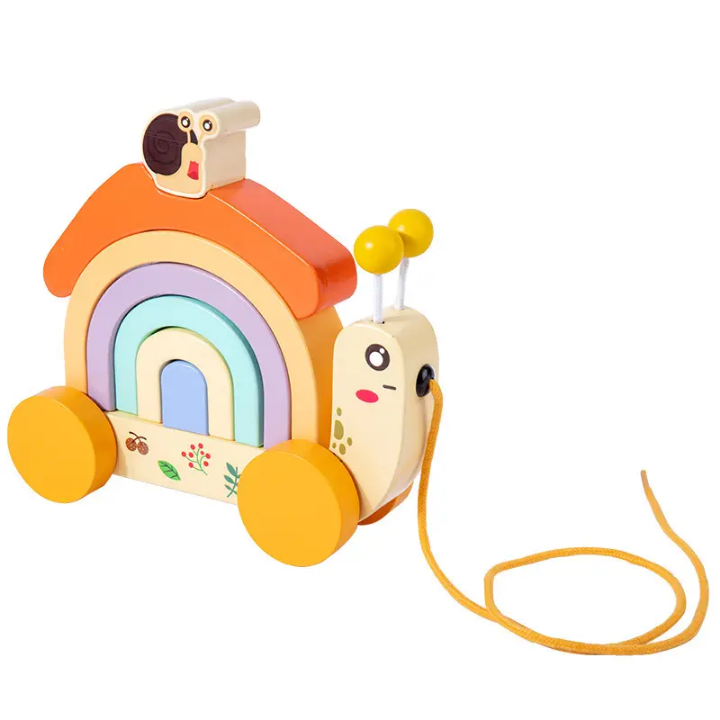 Snail Tractor Wooden Pull Along - Rainbow Stacking & Rolling Toddler Play Toy