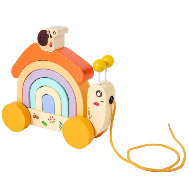 Snail Tractor Wooden Pull Along - Rainbow Stacking & Rolling Toddler Play Toy