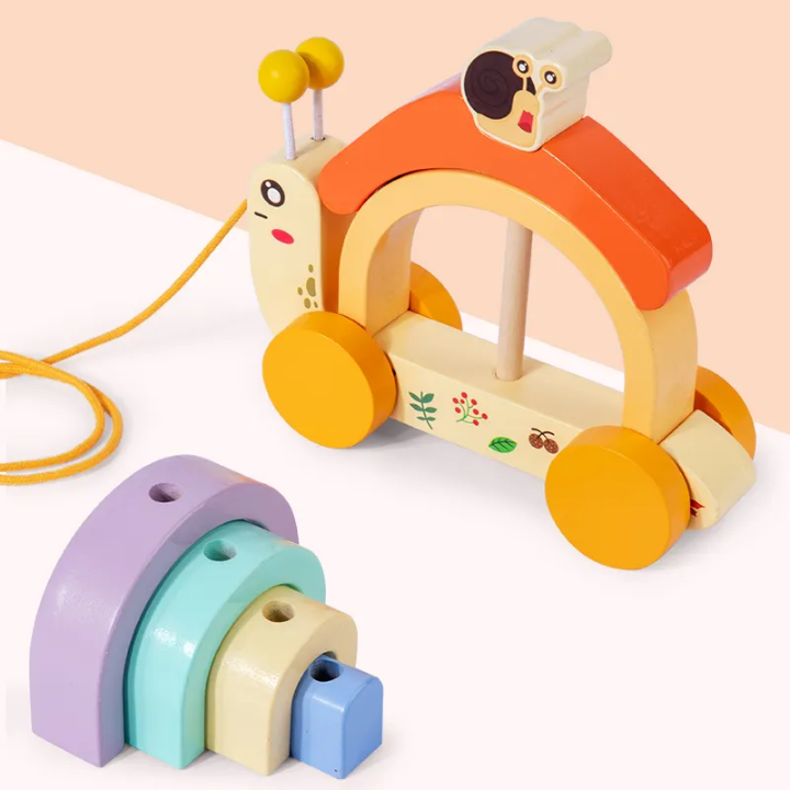 Snail Tractor Wooden Pull Along - Rainbow Stacking & Rolling Toddler Play Toy