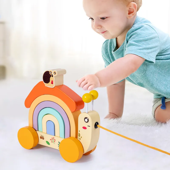 Snail Tractor Wooden Pull Along - Rainbow Stacking & Rolling Toddler Play Toy