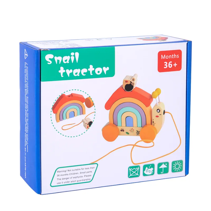 Snail Tractor Wooden Pull Along - Rainbow Stacking & Rolling Toddler Play Toy