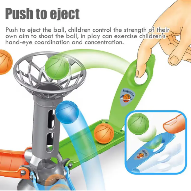 Toy basketball set with green hoop and orange and blue handles, showing how to push to eject a ball.