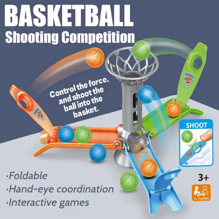 Toy basketball shooting competition set with colorful components on a white surface.