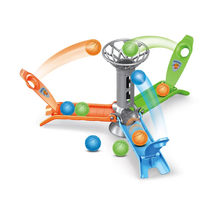 3-player mini basketball shooting game with red, green and blue spring launcher arms, central hoop and colourful balls for tabletop family play