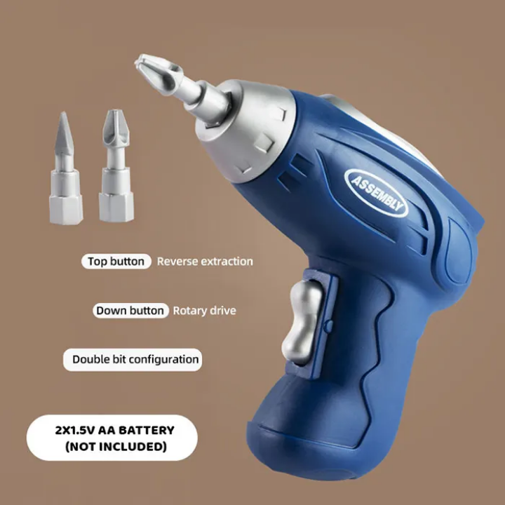 Blue rotary tool with attachments on a brown background