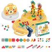 Children's building toy set with pegs, tools, and packaging on a white background