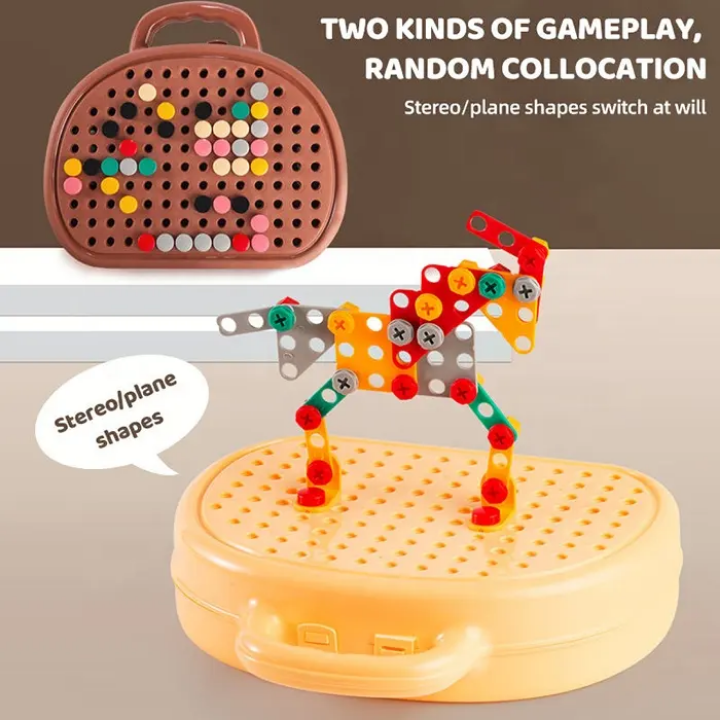 Colorful geometric shape building set on a brown base with text about gameplay.