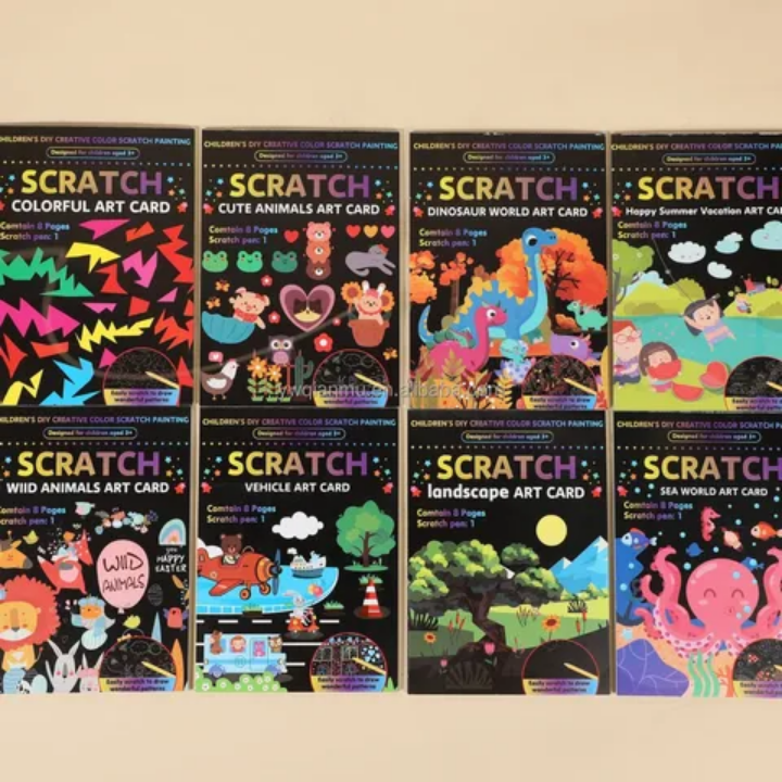 DIY scratch art book for kids with 8 pre-designed cards revealing rainbow colours when scratched, wooden stylus included for mess-free creative play