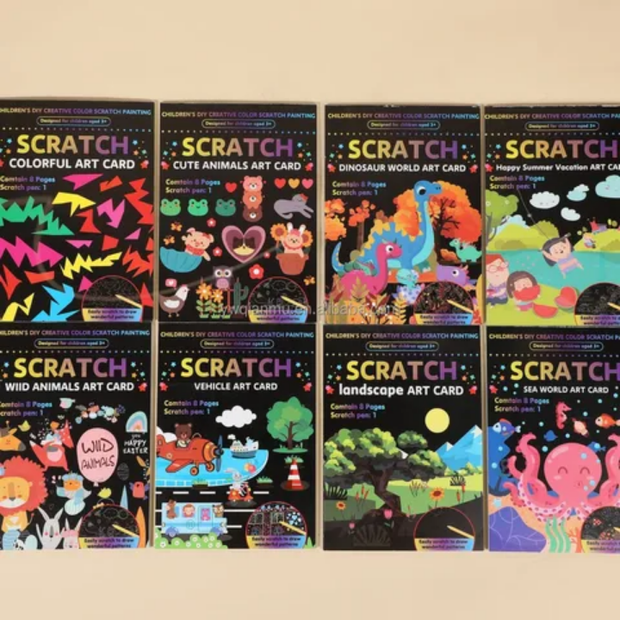DIY scratch art book for kids with 8 pre-designed cards revealing rainbow colours when scratched, wooden stylus included for mess-free creative play