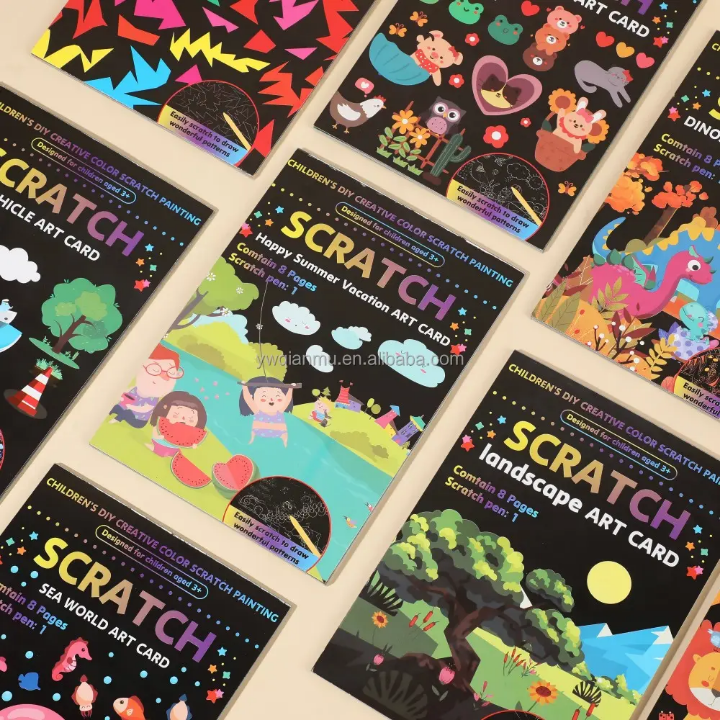 Collection of Scratch art cards with various designs on a white background