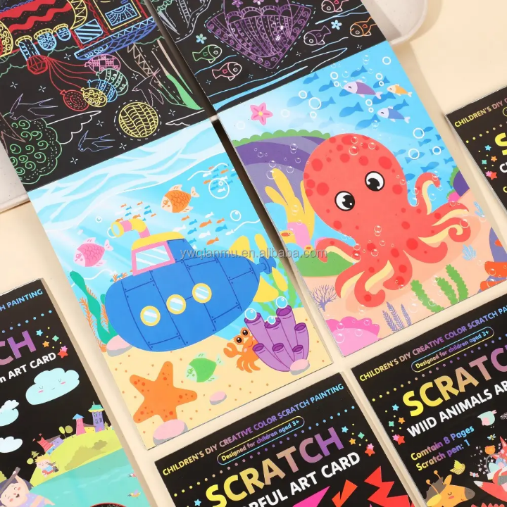 Collection of colorful scratch art cards with various designs including an octopus and a submarine.