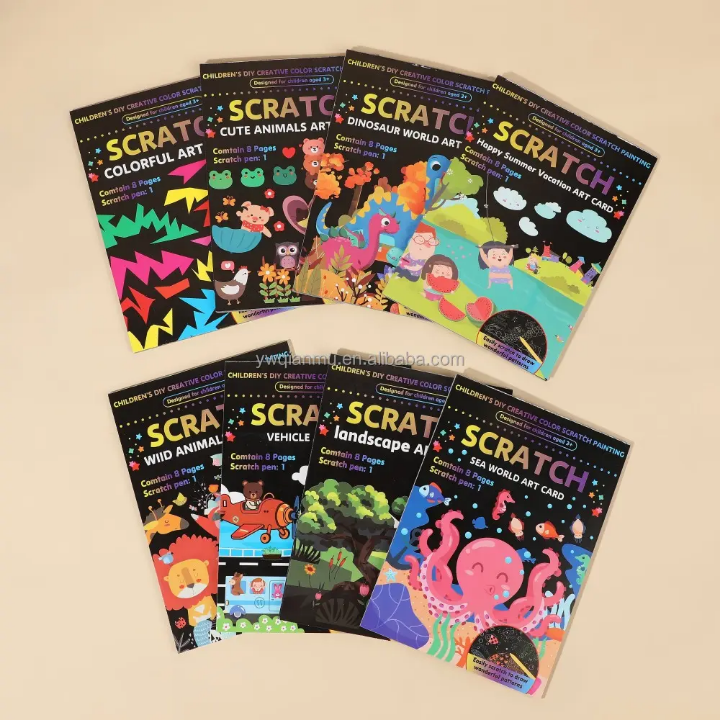 Collection of Scratch art books with colorful designs on a beige background