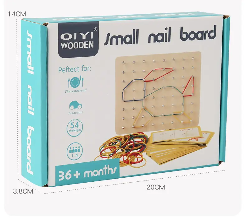 Wooden geoboard rubber band peg board for kids with 54 pattern cards and colourful elastic bands for shape creation and Montessori math play