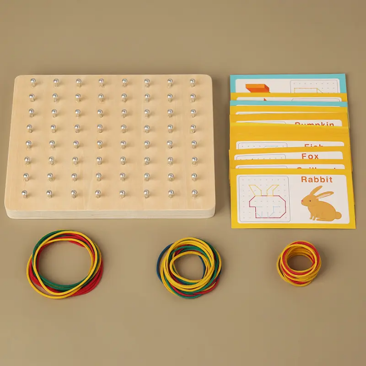 Educational tool with wooden board, colored rings, and flashcards on a beige background