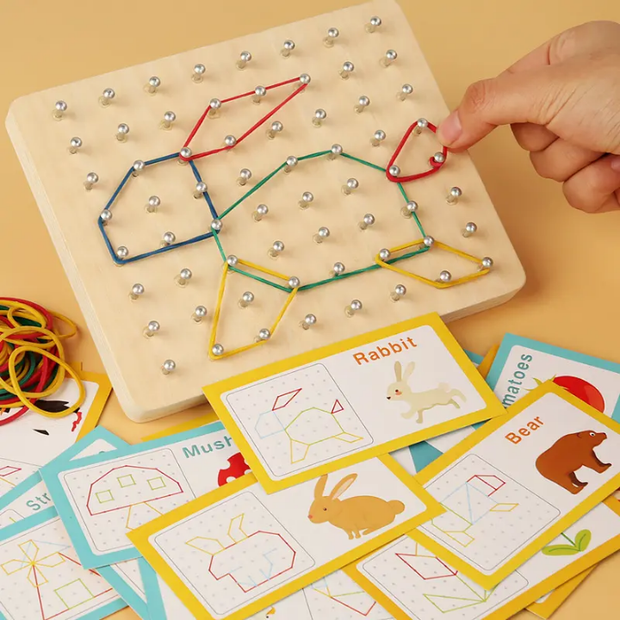 Educational game with pegboard and cards on a yellow background