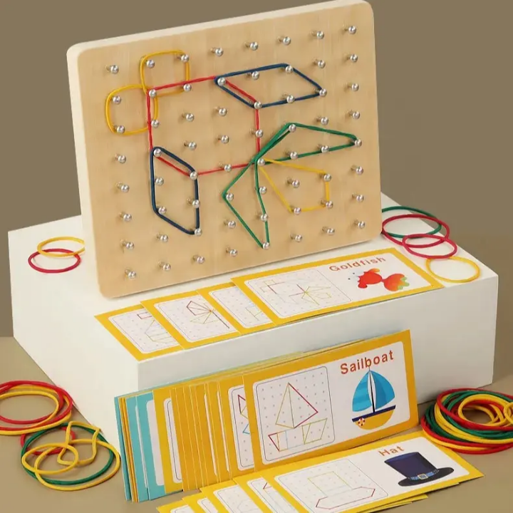 Educational toy with pegboard and cards on a beige background