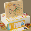 Educational toy with pegboard and cards on a beige background