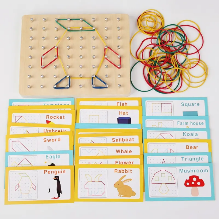 Educational toy set with pegboard, rubber bands, and shape cards on a white background
