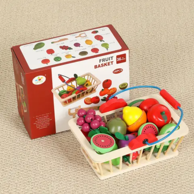 Pretend play fruit basket set for kids with colourful plastic fruits including grapes watermelon apple orange and lemon in a wire basket