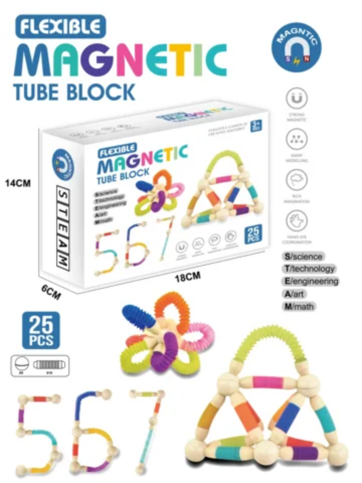 25-piece flexible magnetic tube block set in soft pastel colours for kids to bend twist and build creative shapes and structures