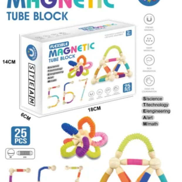 25-piece flexible magnetic tube block set in soft pastel colours for kids to bend twist and build creative shapes and structures