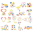 Set of colorful plastic building blocks in various shapes on a white background