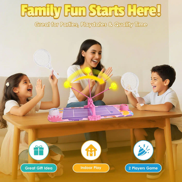 Family playing with a toy set on a table, with text about family fun and product features.