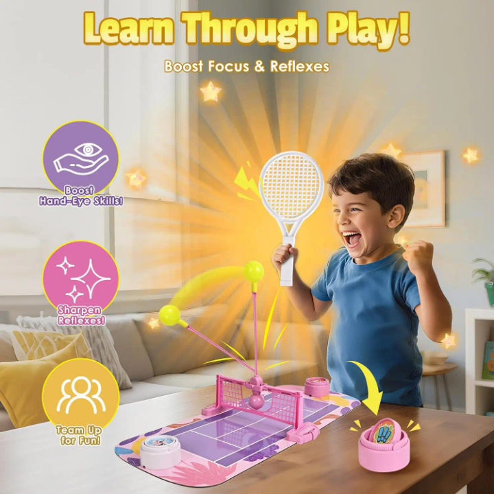 Child playing with a toy tennis set in a living room, with text promoting learning through play.