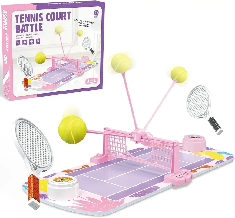 2-player mini tennis court tabletop game for kids with pastel court, net, two mini rackets and tennis balls for indoor sport play