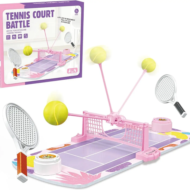 2-player mini tennis court tabletop game for kids with pastel court, net, two mini rackets and tennis balls for indoor sport play