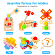 Set of colorful wooden building blocks with various models including windmill, scooter, flower, top, aircraft, and free play.
