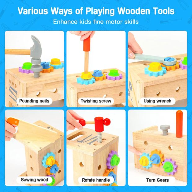 Collage of wooden tools and activities for kids to enhance fine motor skills on a blue background.